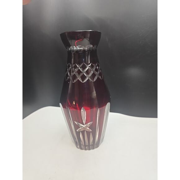 Ruby Red Cased Cut Glass Flower Vase 7.25" H - Picture 3 of 4